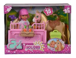 Evi Love Holiday Fun Horse Farm with Horse and Obstacles Cleaning Area and Accessories, Dress-up Doll, 12 cm, for Children from 3 Years